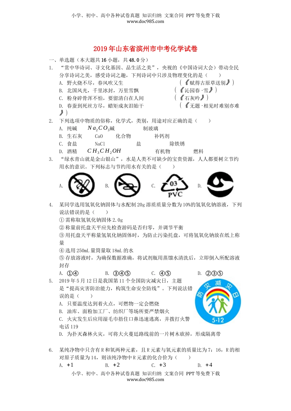 山东省滨州市2019年中考化学真题试题（含解析）.docx