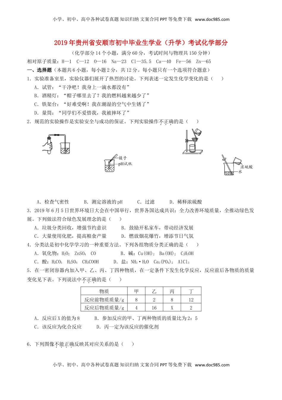 贵州省安顺市2019年中考化学真题试题（含解析）.doc
