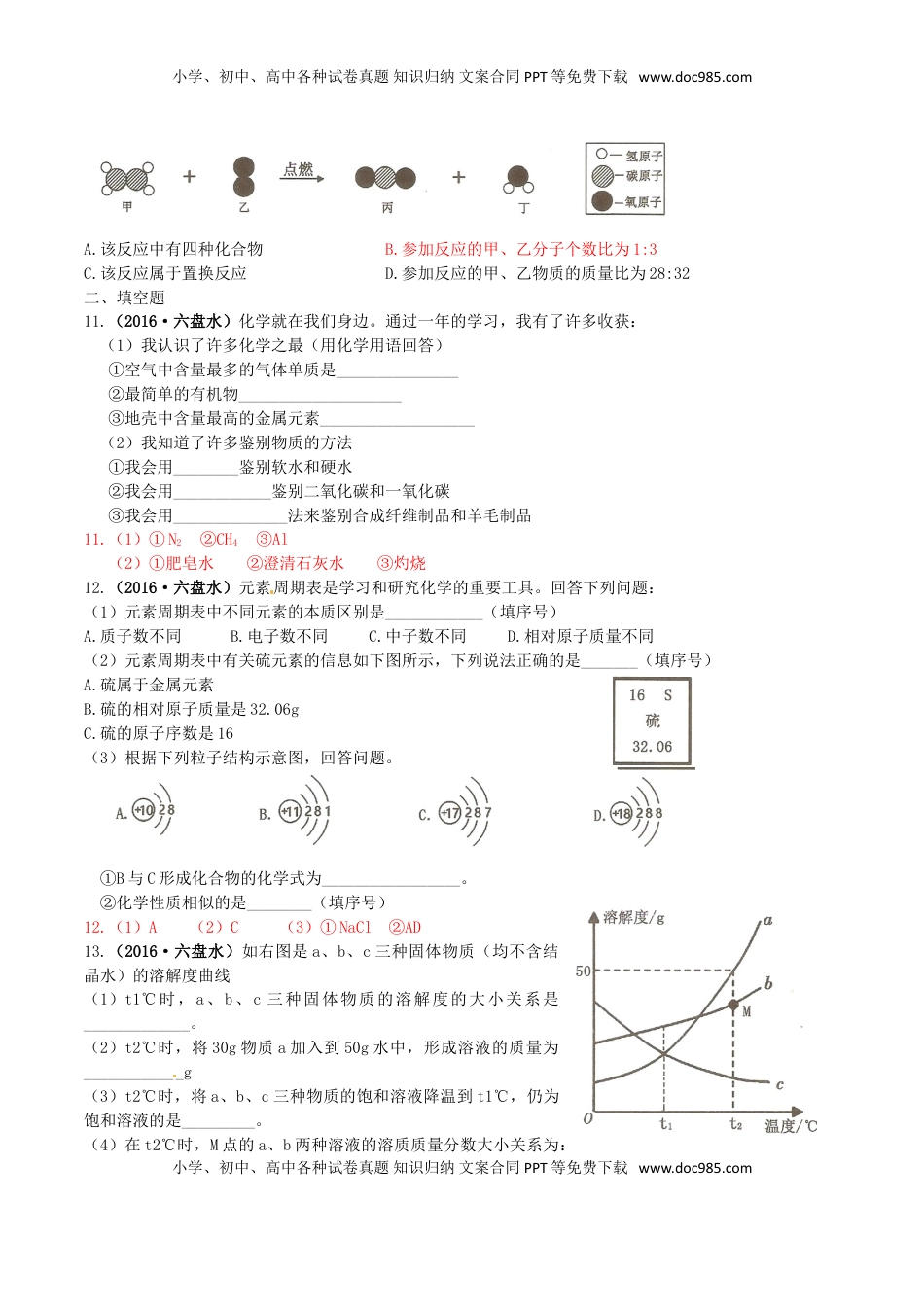 贵州省六盘水市2016年中考理综（化学部分）真题试题（含答案）.DOC