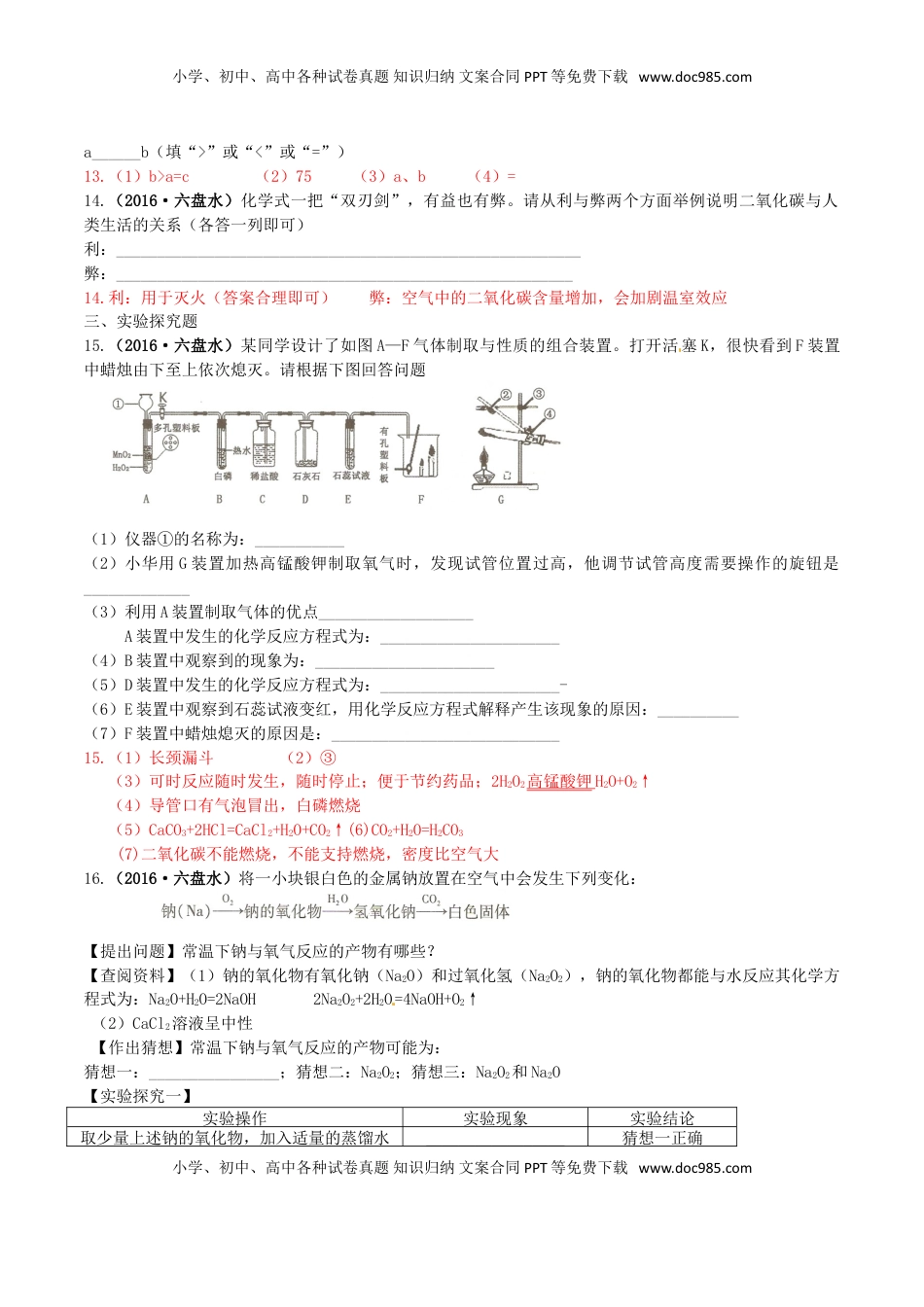 贵州省六盘水市2016年中考理综（化学部分）真题试题（含答案）.DOC