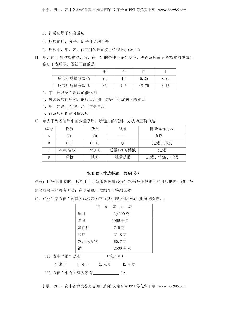 四川省雅安市2015年中考化学真题试题（含答案）.doc