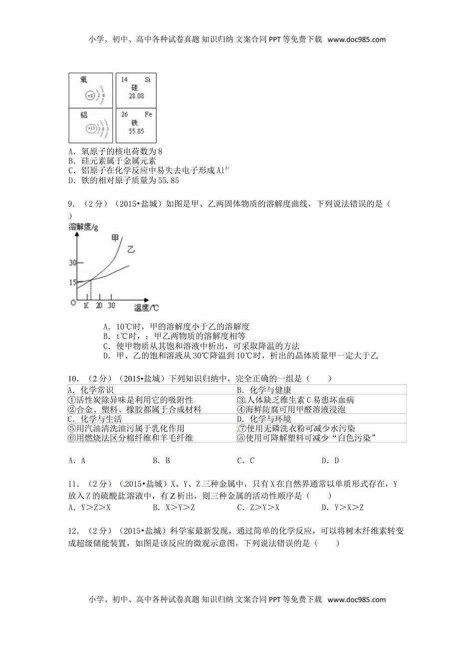 江苏省盐城市2015年中考化学真题试题（含扫描答案）.doc