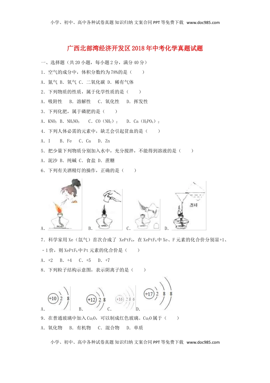 广西北部湾经济开发区2018年中考化学真题试题（含解析1）.doc
