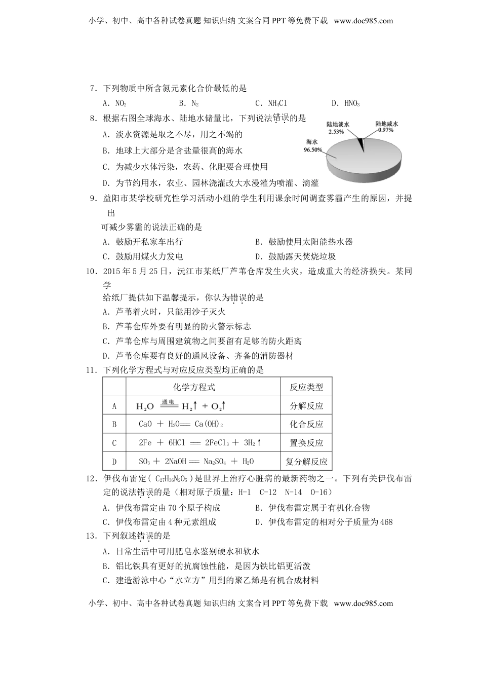 湖南省益阳市2015年中考化学真题试题（含答案）.doc
