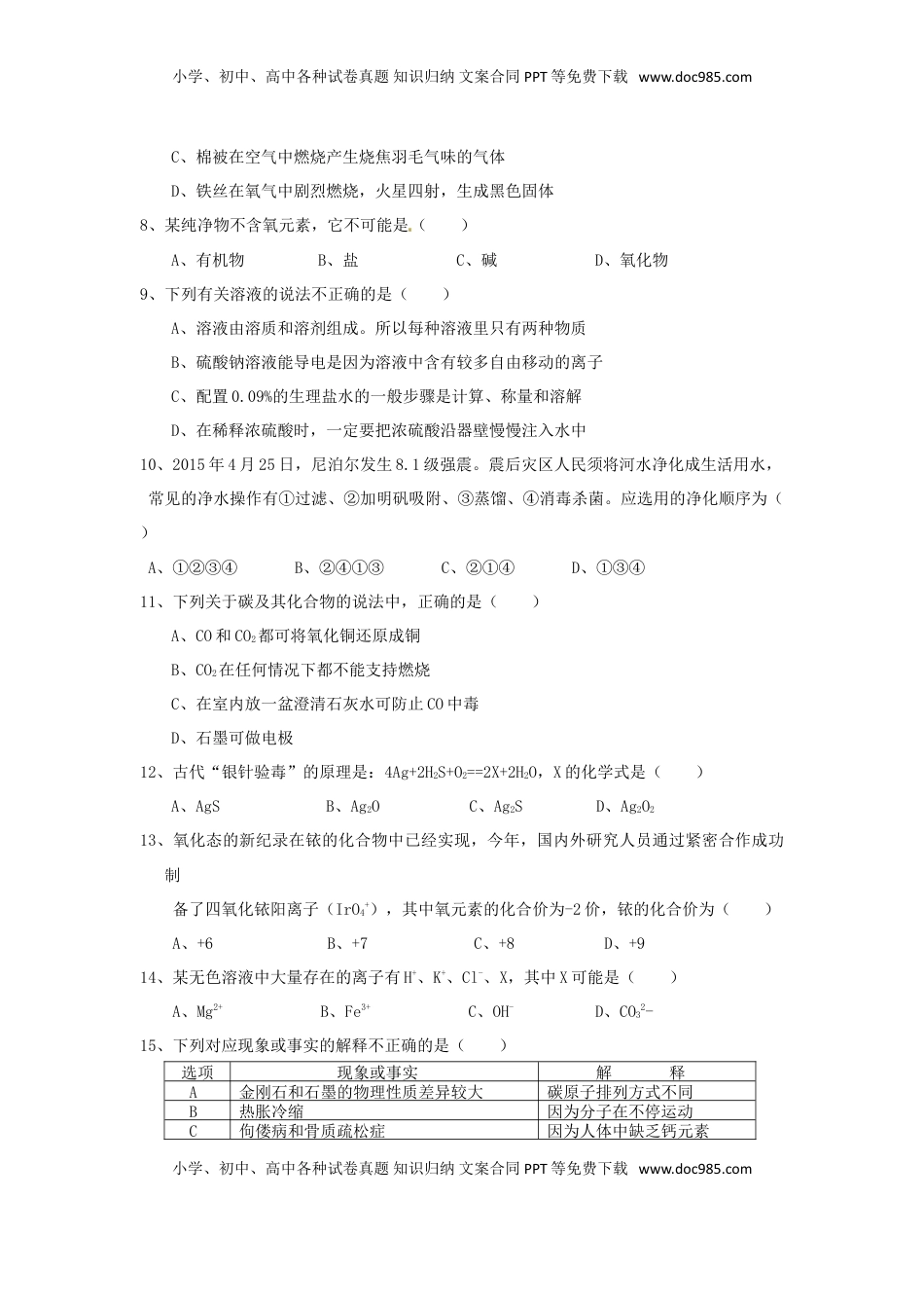 湖南省湘潭市2015年中考化学真题试题（含答案）.doc