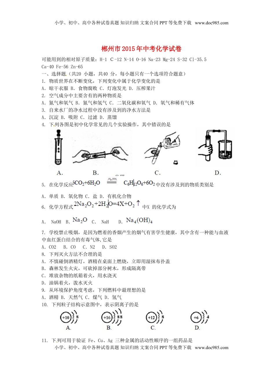 湖南省郴州市2015年中考化学真题试题（含扫描答案）.doc