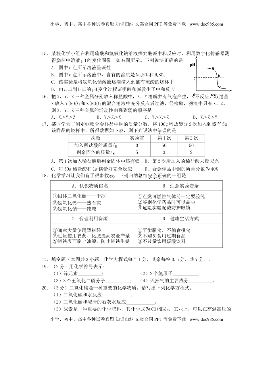 湖北省宜昌市2015年中考化学真题试题（含扫描答案）.doc