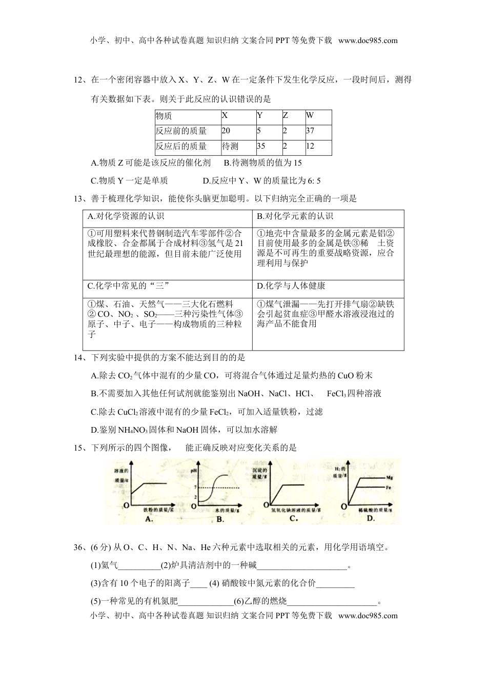2018年湖北省随州市中考理综（化学部分）试题（word版，含答案）.doc
