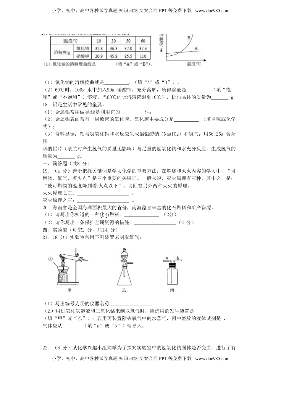 海南省2015年中考化学真题试题（含扫描答案）.doc