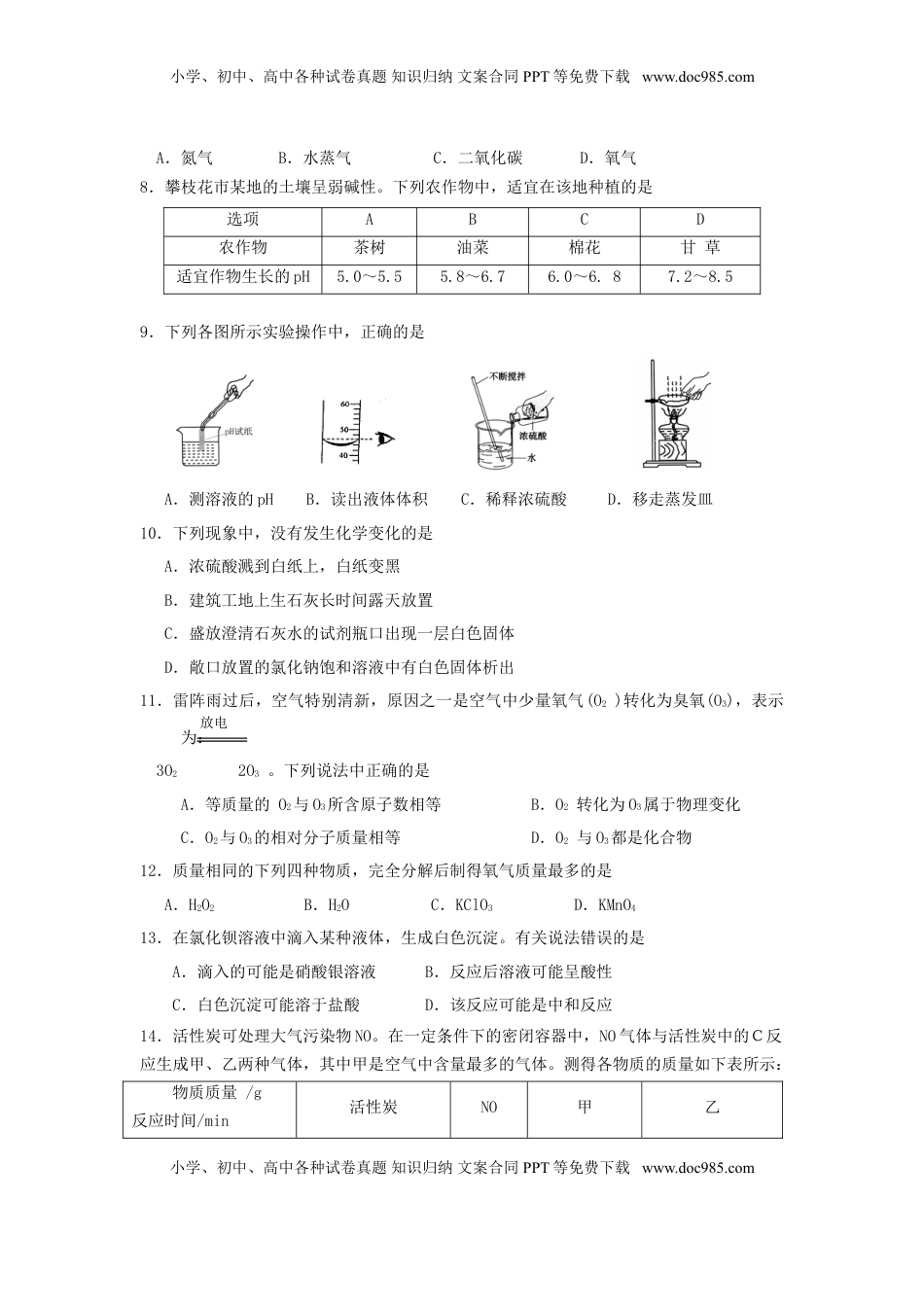 四川省攀枝花市2017年中考化学真题试题（含答案）.DOC