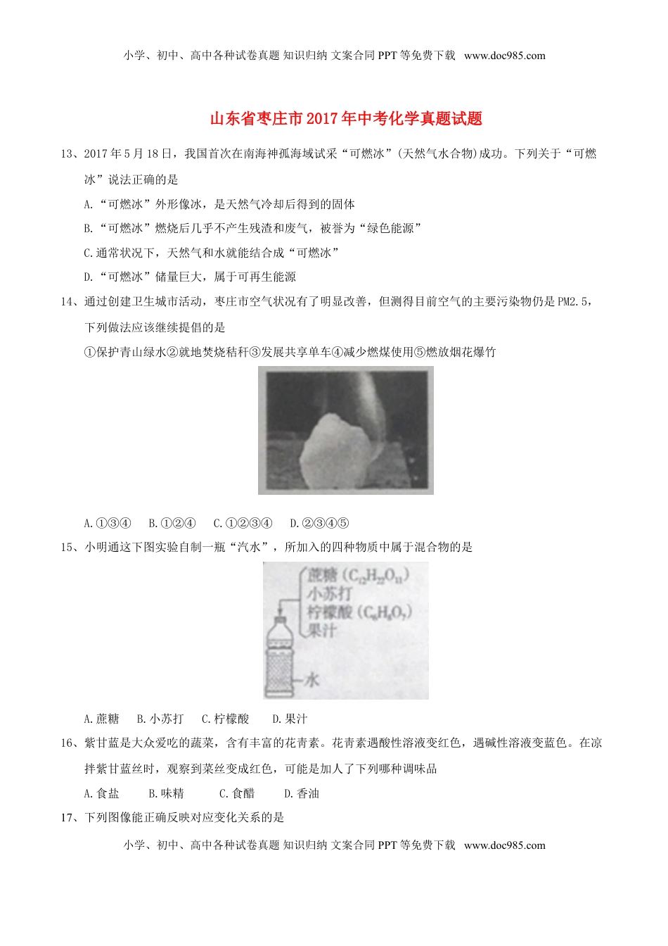 山东省枣庄市2017年中考化学真题试题（含答案）.DOC