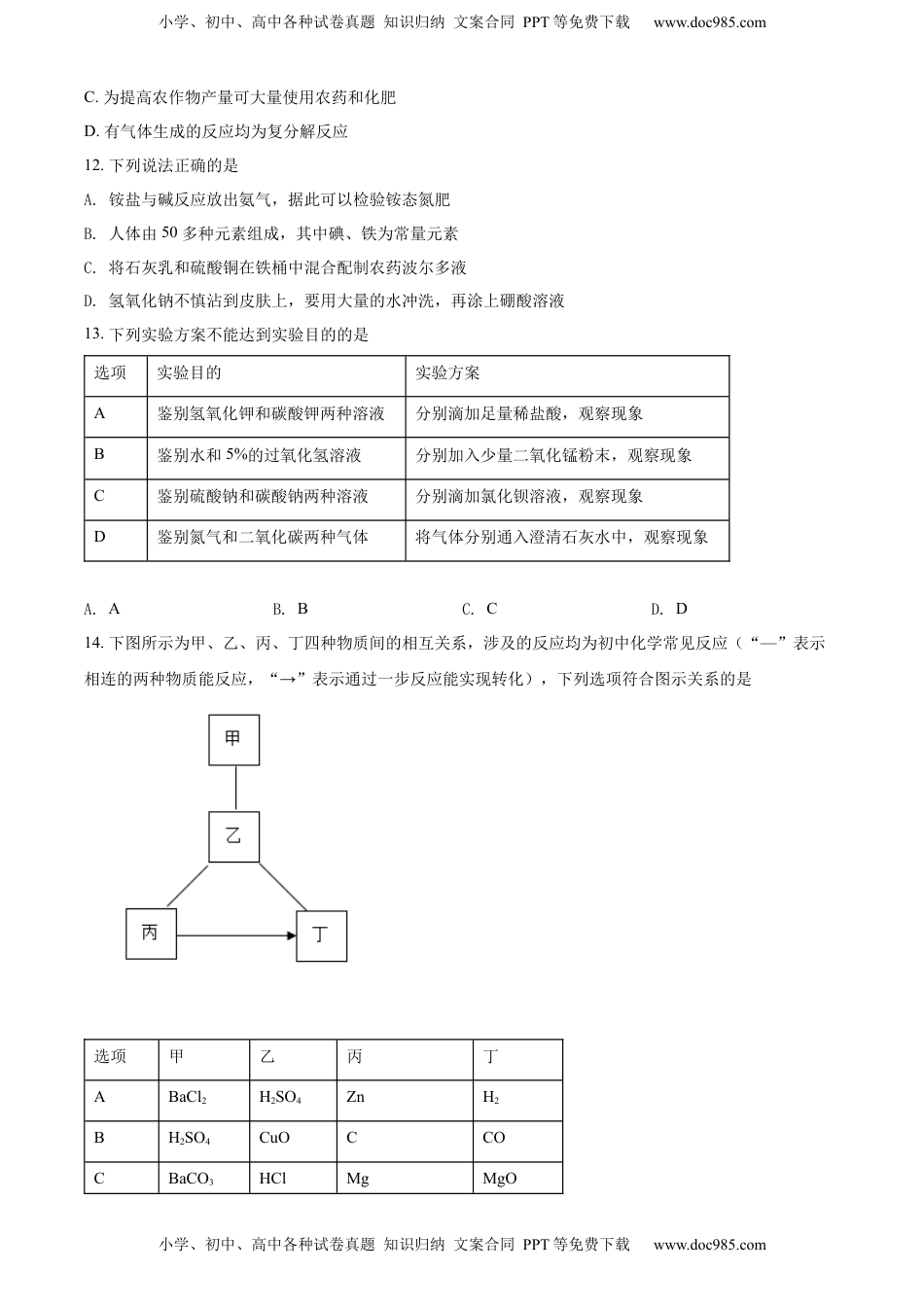精品解析：2022年天津市中考化学真题（原卷版）.docx