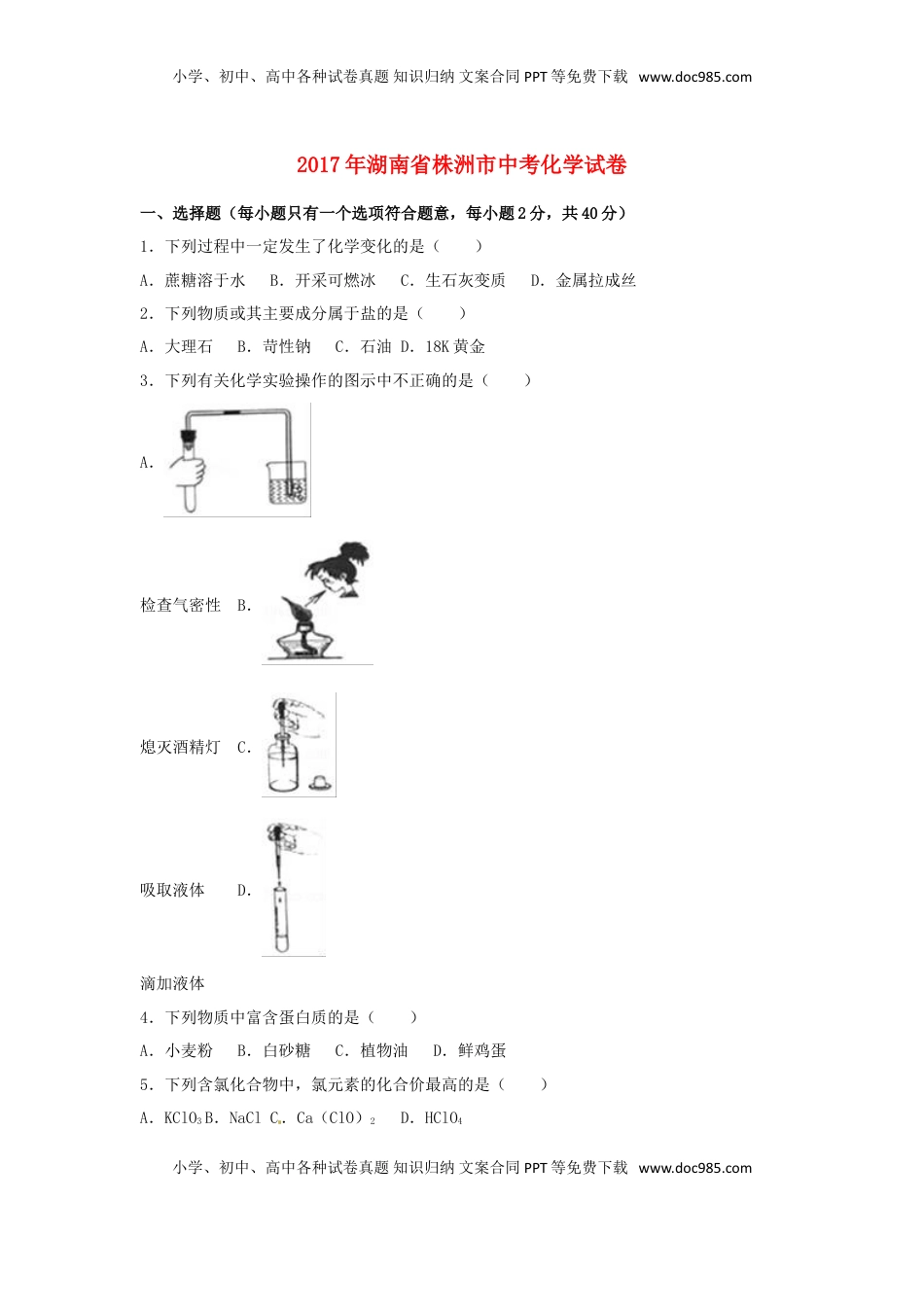 湖南省株洲市2017年中考化学真题试题（含解析）.DOC
