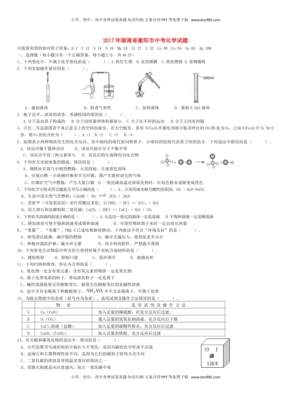 湖南省衡阳市2017年中考化学真题试题（含答案）.DOC