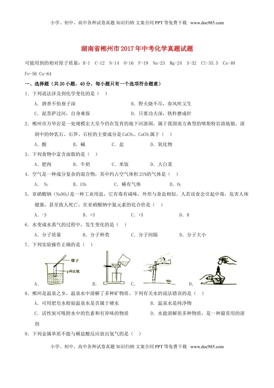 湖南省郴州市2017年中考化学真题试题（含扫描答案）.DOC