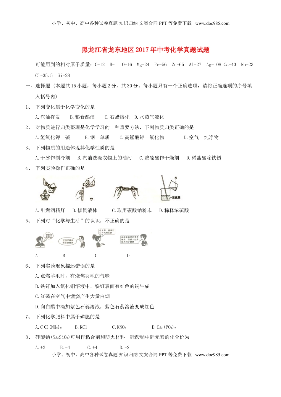 黑龙江省龙东地区2017年中考化学真题试题（含答案）.DOC