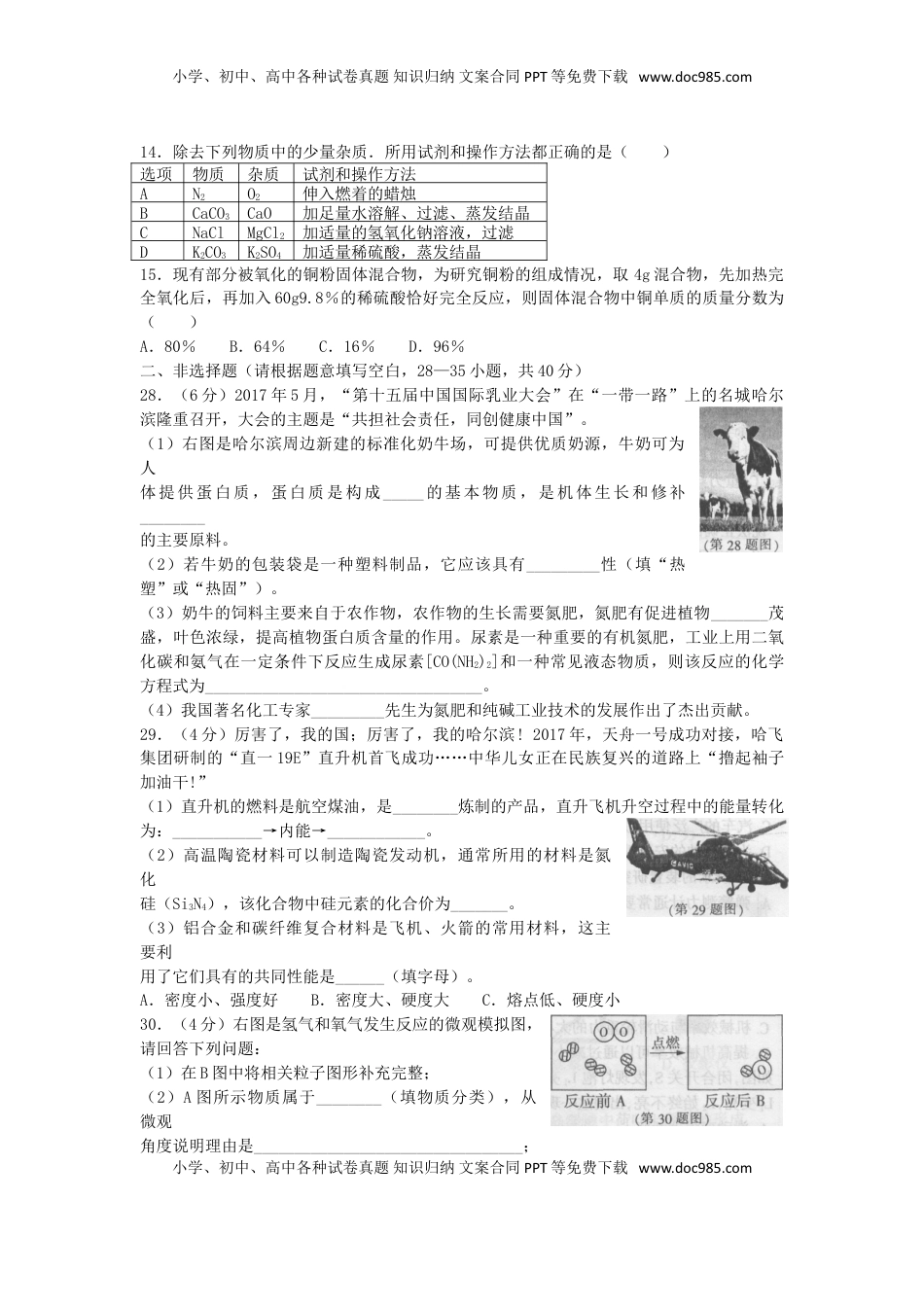 黑龙江省哈尔滨市2017年中考理综（化学部分）真题试题（含扫描答案）.DOC