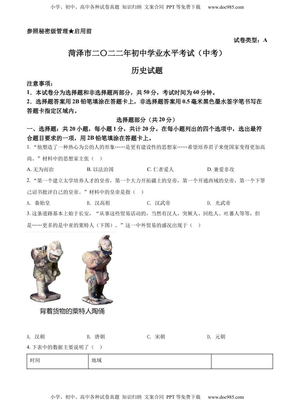 精品解析：2022年山东省菏泽市中考历史真题（原卷版）.docx