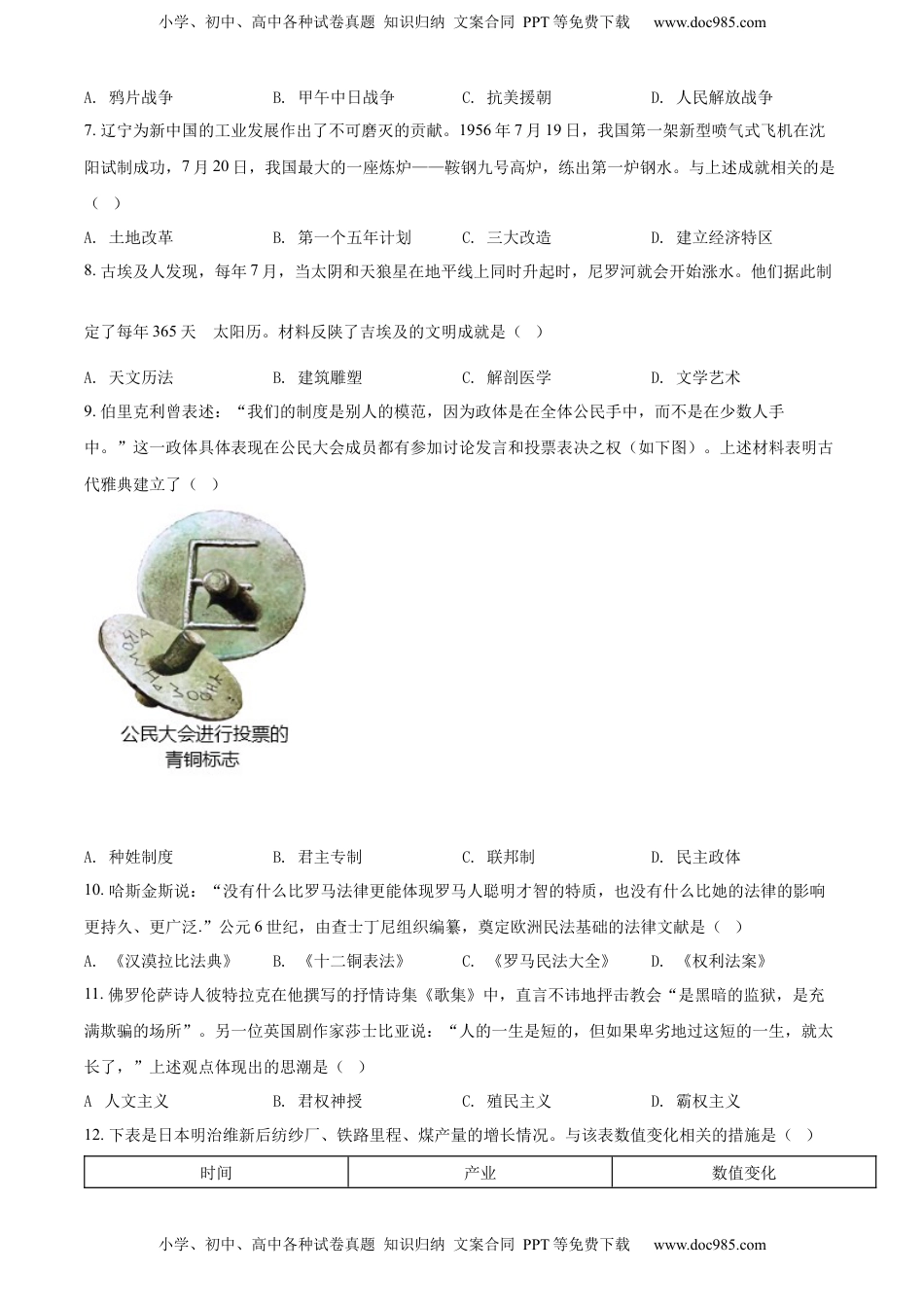 精品解析：2022年辽宁省沈阳市中考历史试题（原卷版）.docx