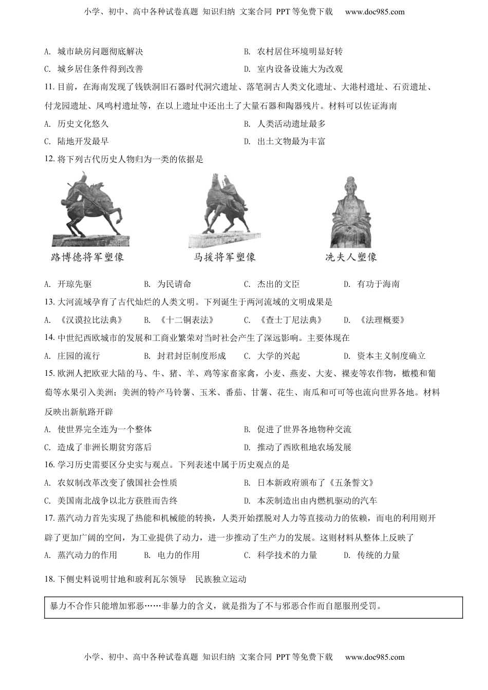 精品解析：2022年海南省中考历史真题（原卷版）.docx