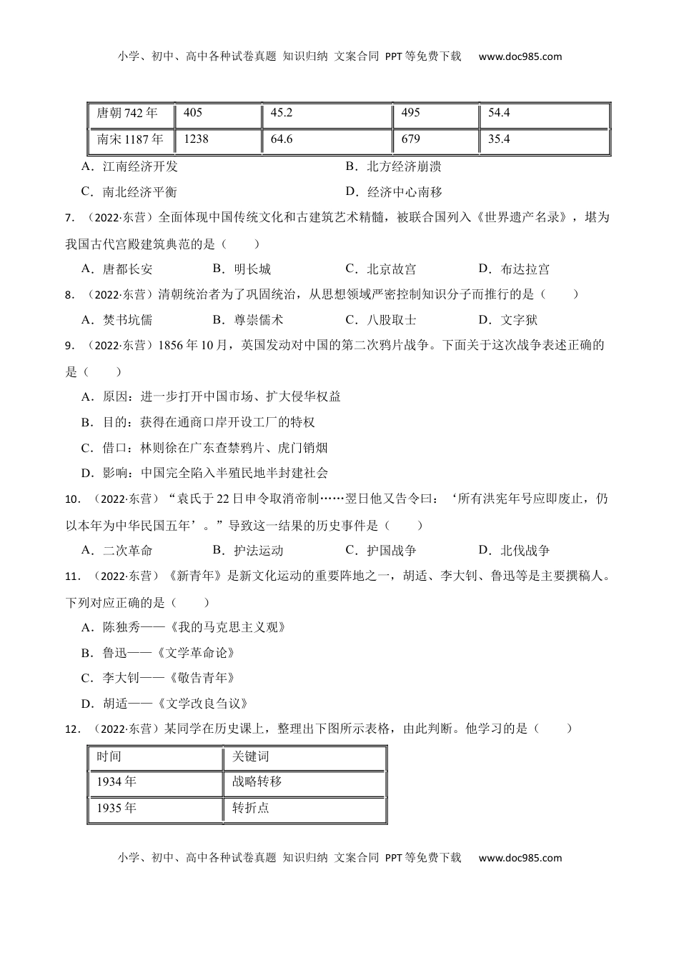 2022年山东省东营市中考历史试卷及答案.docx
