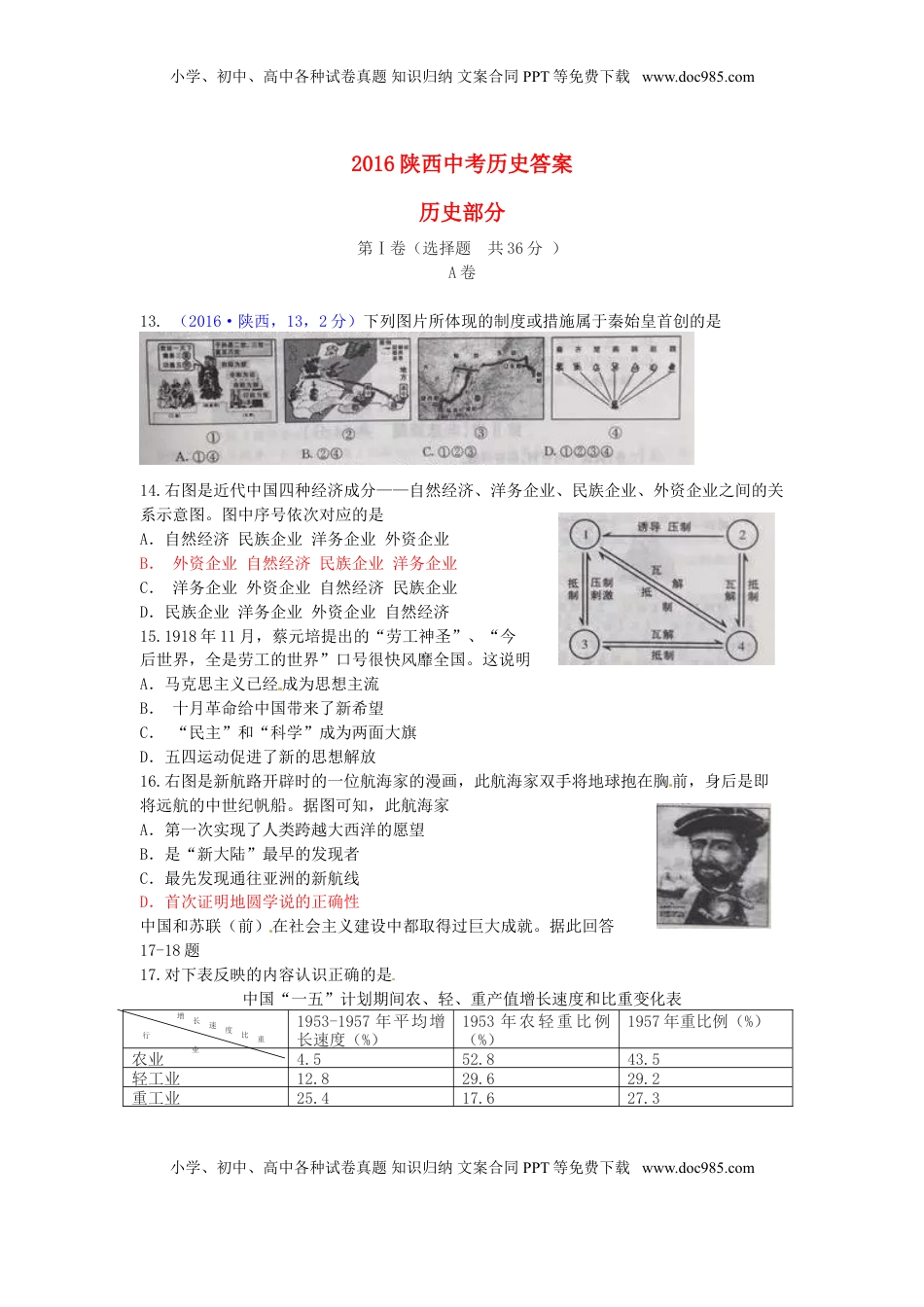 陕西省2016年中考历史真题试题（含答案）.doc