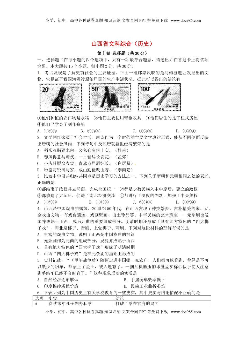 山西省2016年中考文综（历史部分）真题试题（含扫描答案）.doc