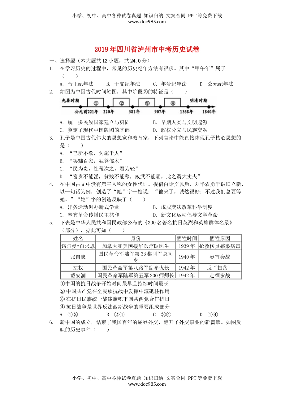 四川省泸州市2019年中考历史真题试题（含解析）.docx