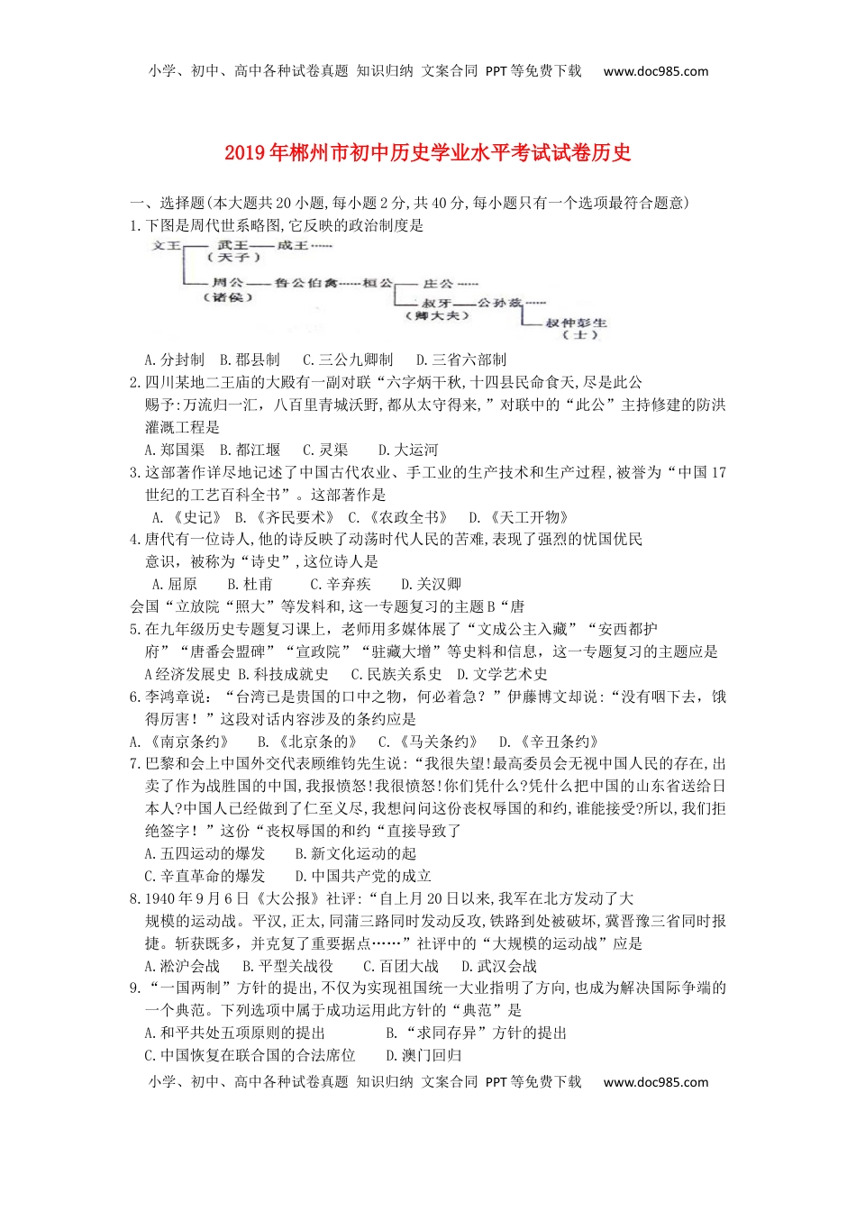 湖南省郴州市2019年中考历史真题试题（含解析）.docx