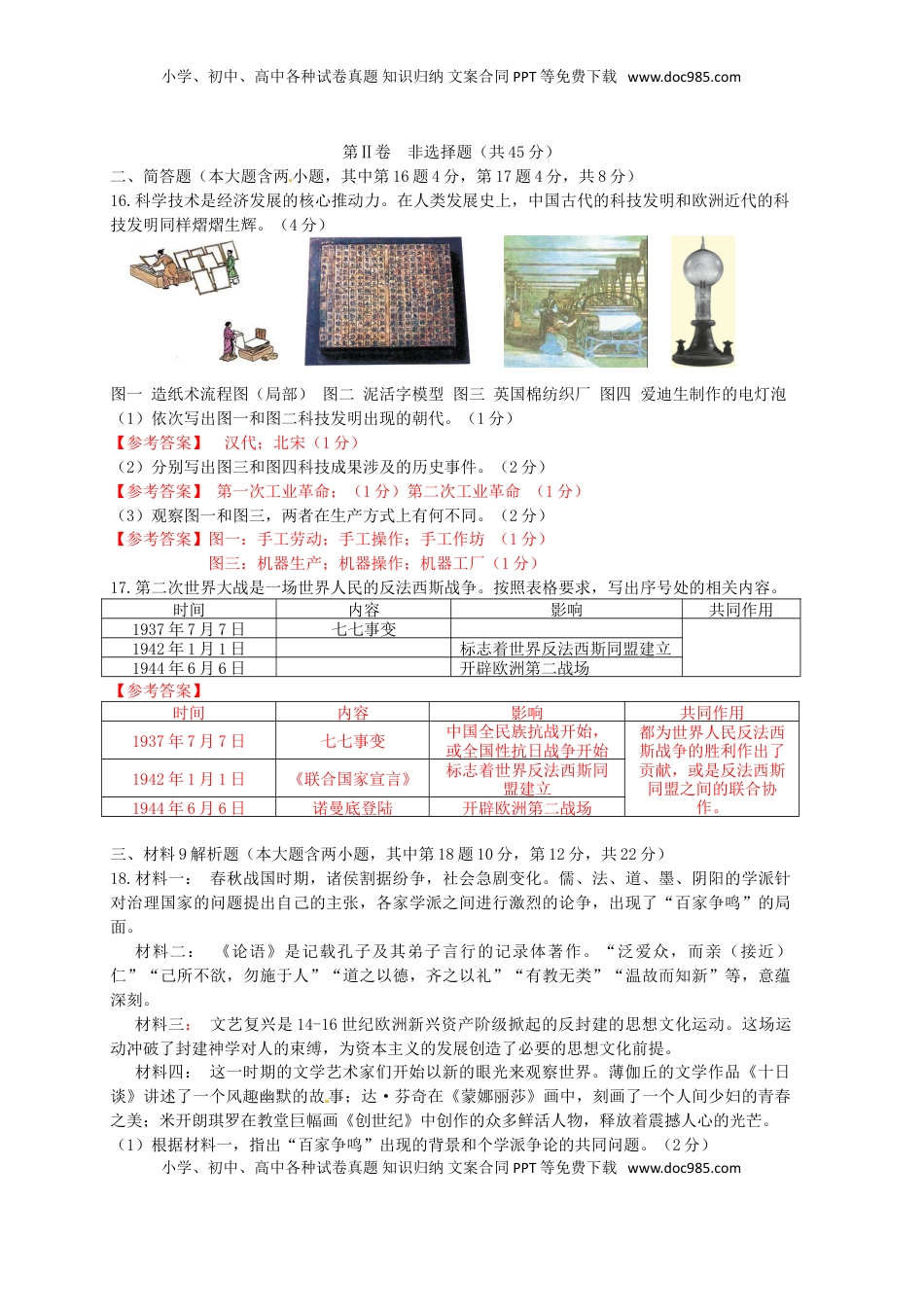 山西省2015年中考历史真题试题（含答案）.doc