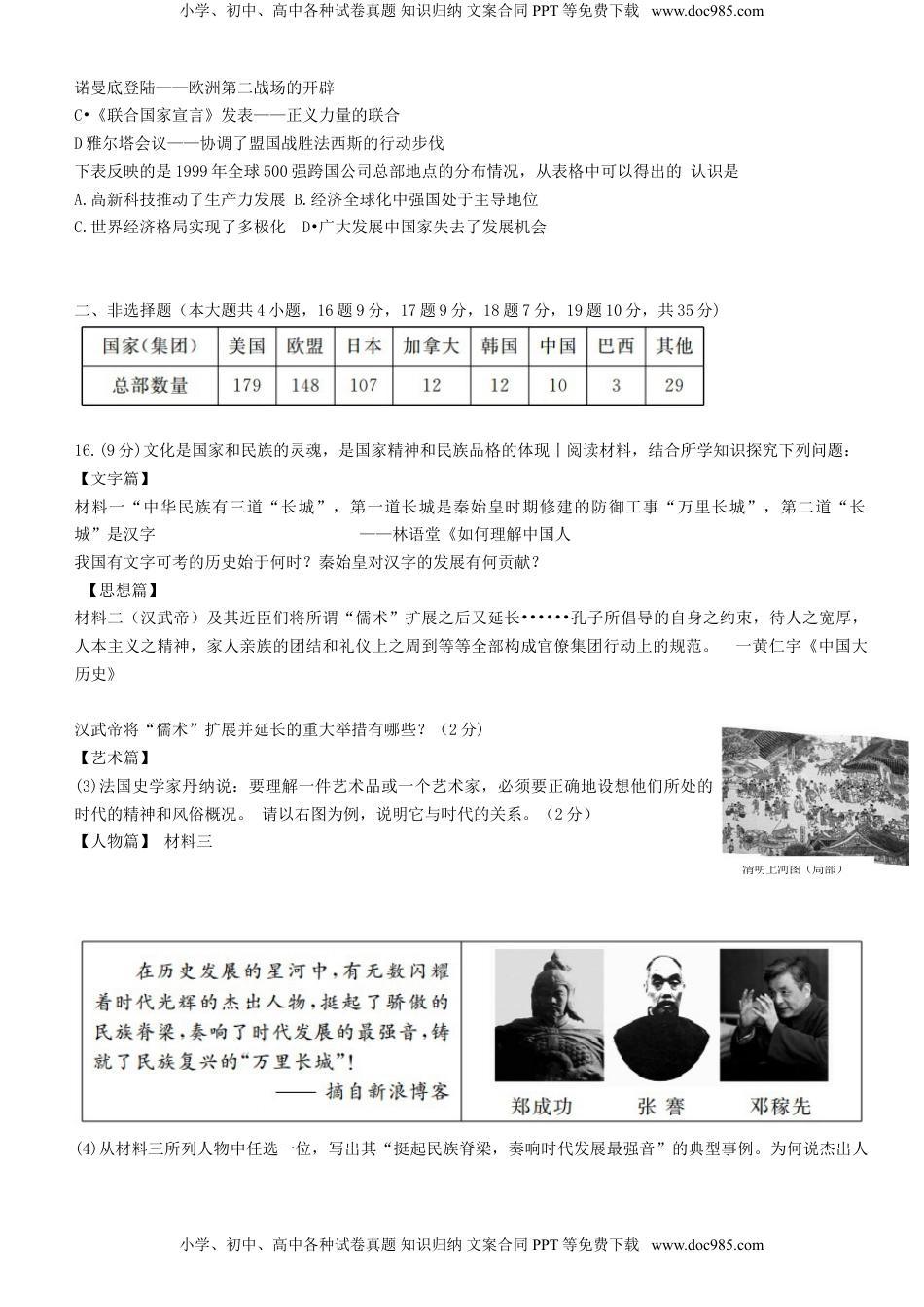 山东省德州市2015年中考历史真题试题（含扫描答案）.doc