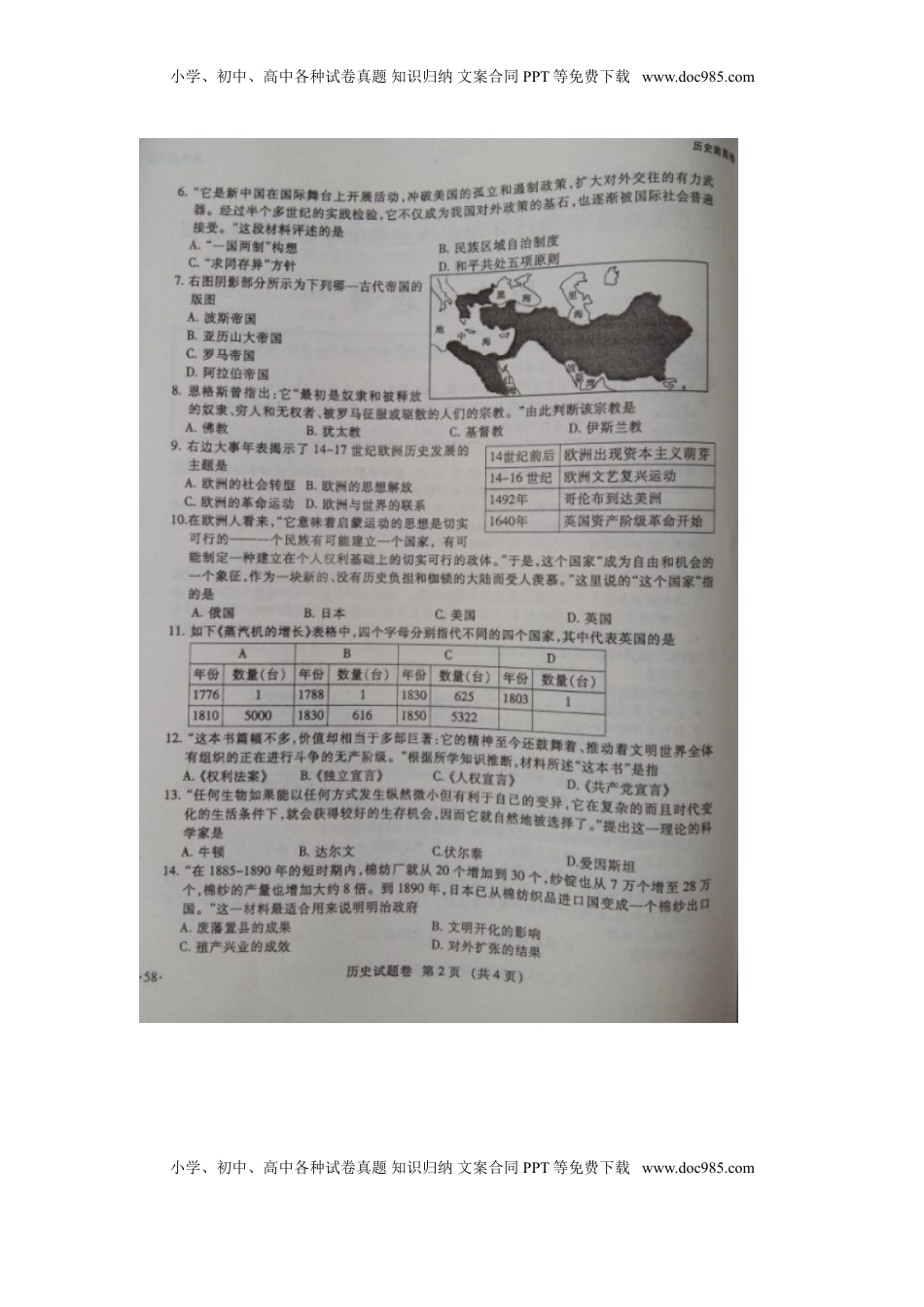 江西省南昌市2015年中考历史真题试题（扫描版，含答案）.doc