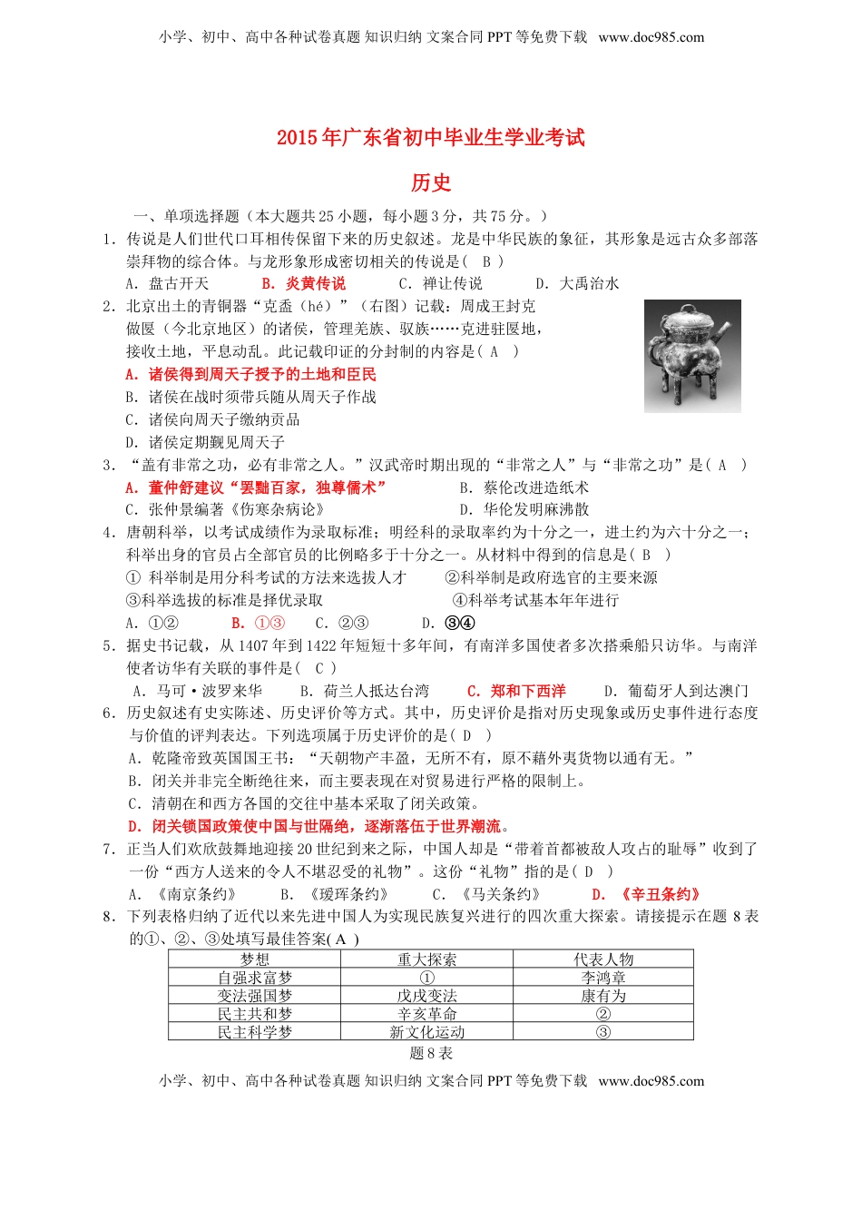 广东省2015年中考历史真题试题（含答案）.doc
