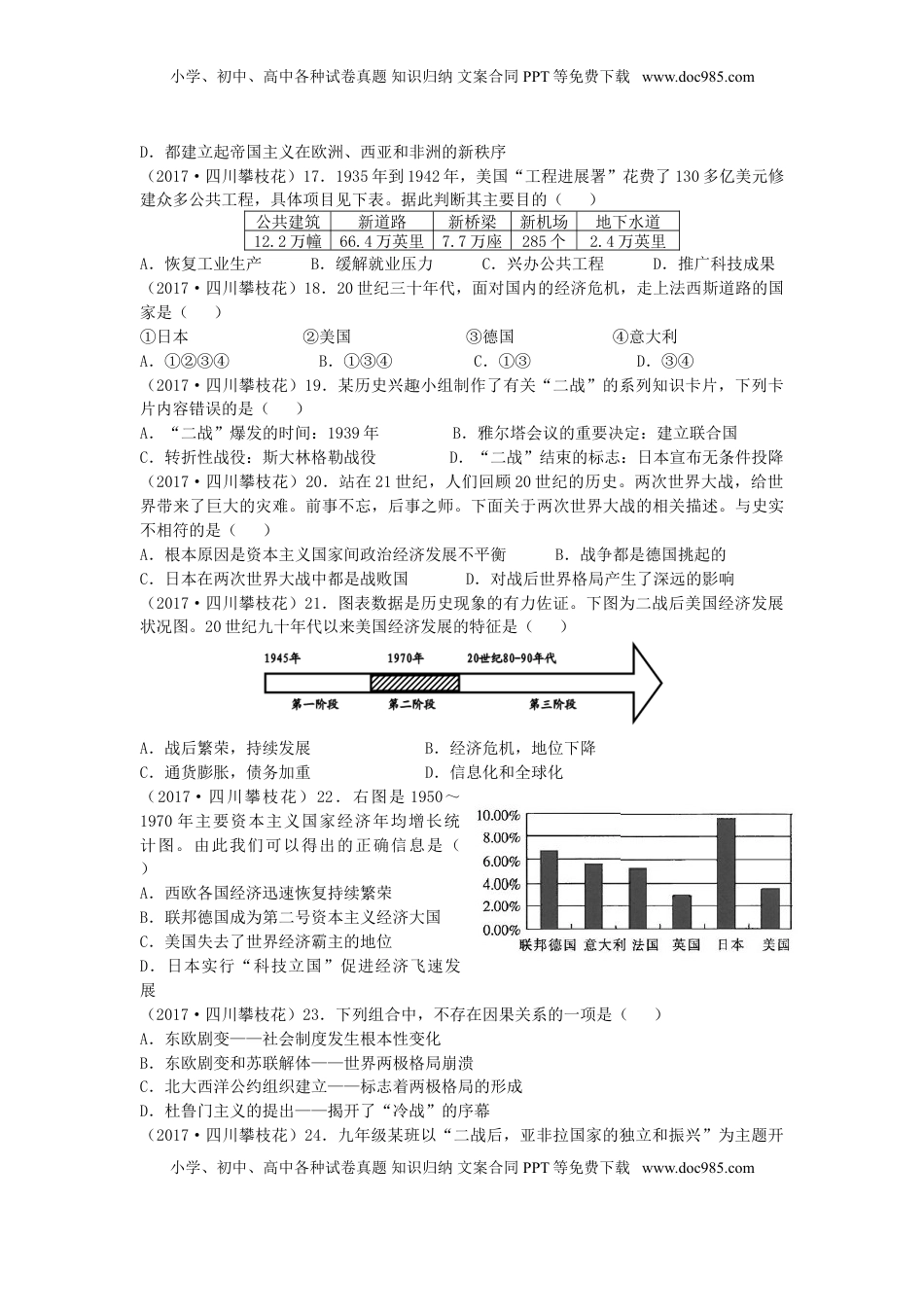四川省攀枝花市2017年中考历史真题试题（含答案）.doc