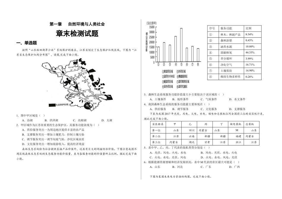 高中地理选修3 第一章 自然环境与人类社会（章末检测）-【悦学堂】2022-2023学年高二地理下学期精品同步学案+课件+检测（人教版2019选择性必修3）  .docx