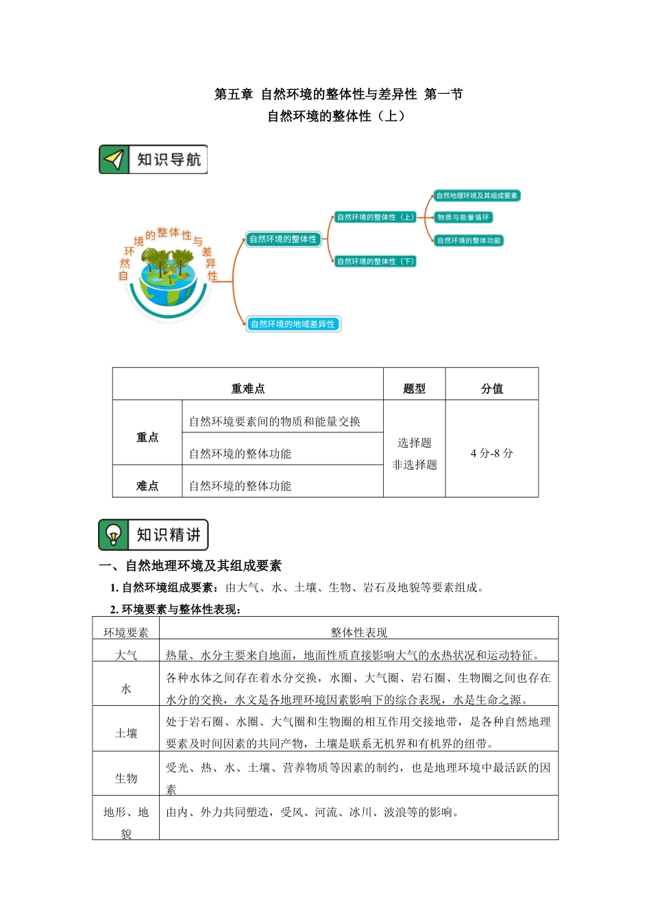 高中地理选修1选择性必修1 第五章 自然环境的整体性与差异性 第一节.docx