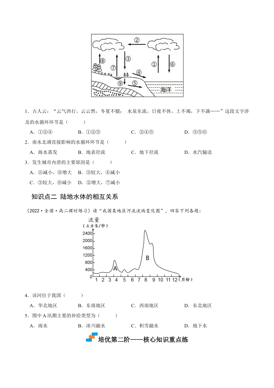 高中地理选修14.1 陆地水体及其相互关系-2022-2023学年高二地理课后培优分级练（人教版2019选择性必修第一册）（原卷版）.docx