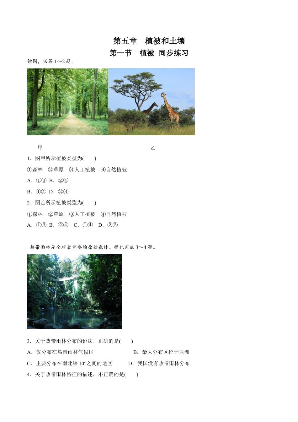 必修1高中地理【新教材精创】5.1 植被同步练习（2）（原卷版）.docx