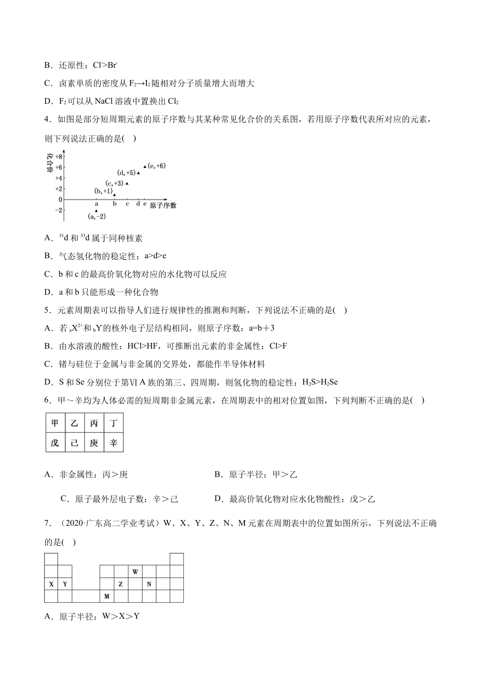 高中化学必修1 专题4.2.2 元素周期表和周期律的应用（备作业）-【上好化学课】2020-2021学年高一上学期必修第一册同步备课系列（人教版2019）（原卷版）.doc