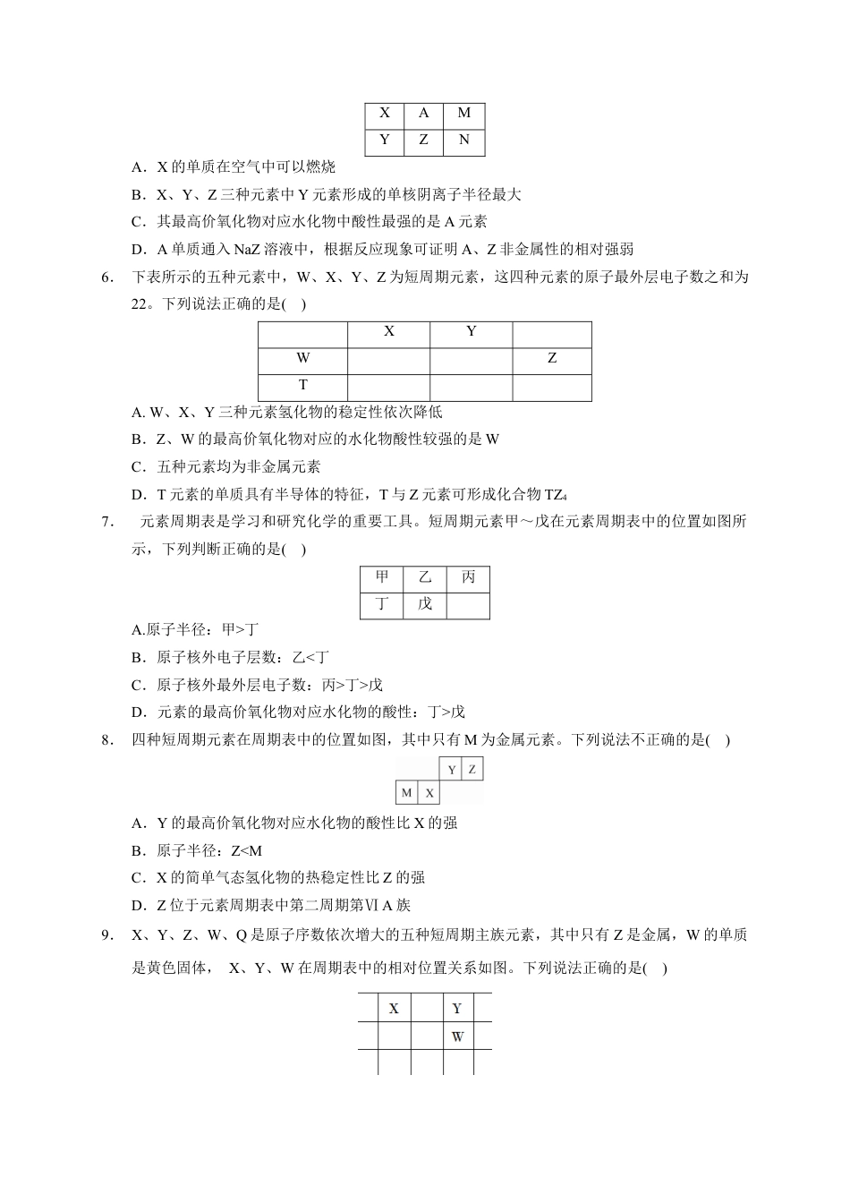 高中化学必修1 第四章 第二节  第2课时 元素周期表和元素周期律的应用  测试题2022—2023学年上学期高一化学人教（2019）必修第一册.docx