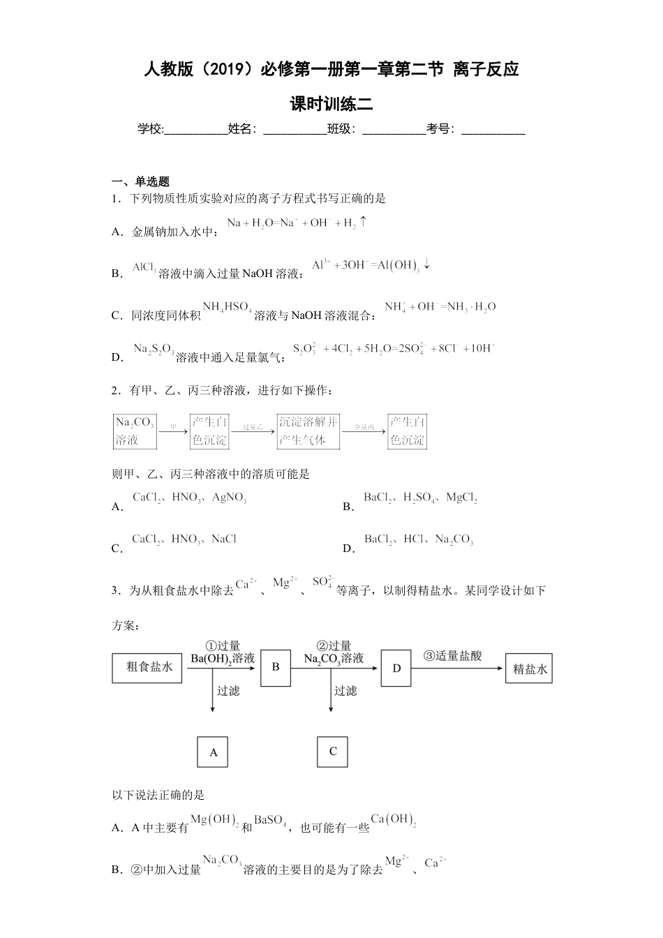 高中化学必修1 第一章 第二节 离子反应  课时训练二   2022-2023学年高一上学期化学人教版（2019）必修第一册 .docx