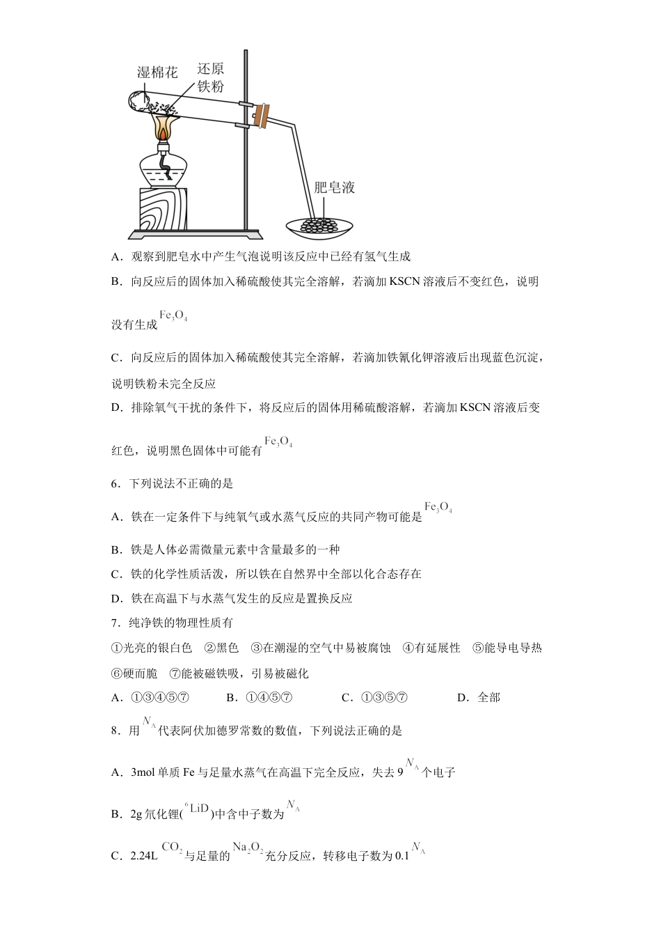 高中化学必修1 第三章第1节铁的多样性课时训练2022-2023学年高一上学期化学人教版（2019）必修第一册.docx