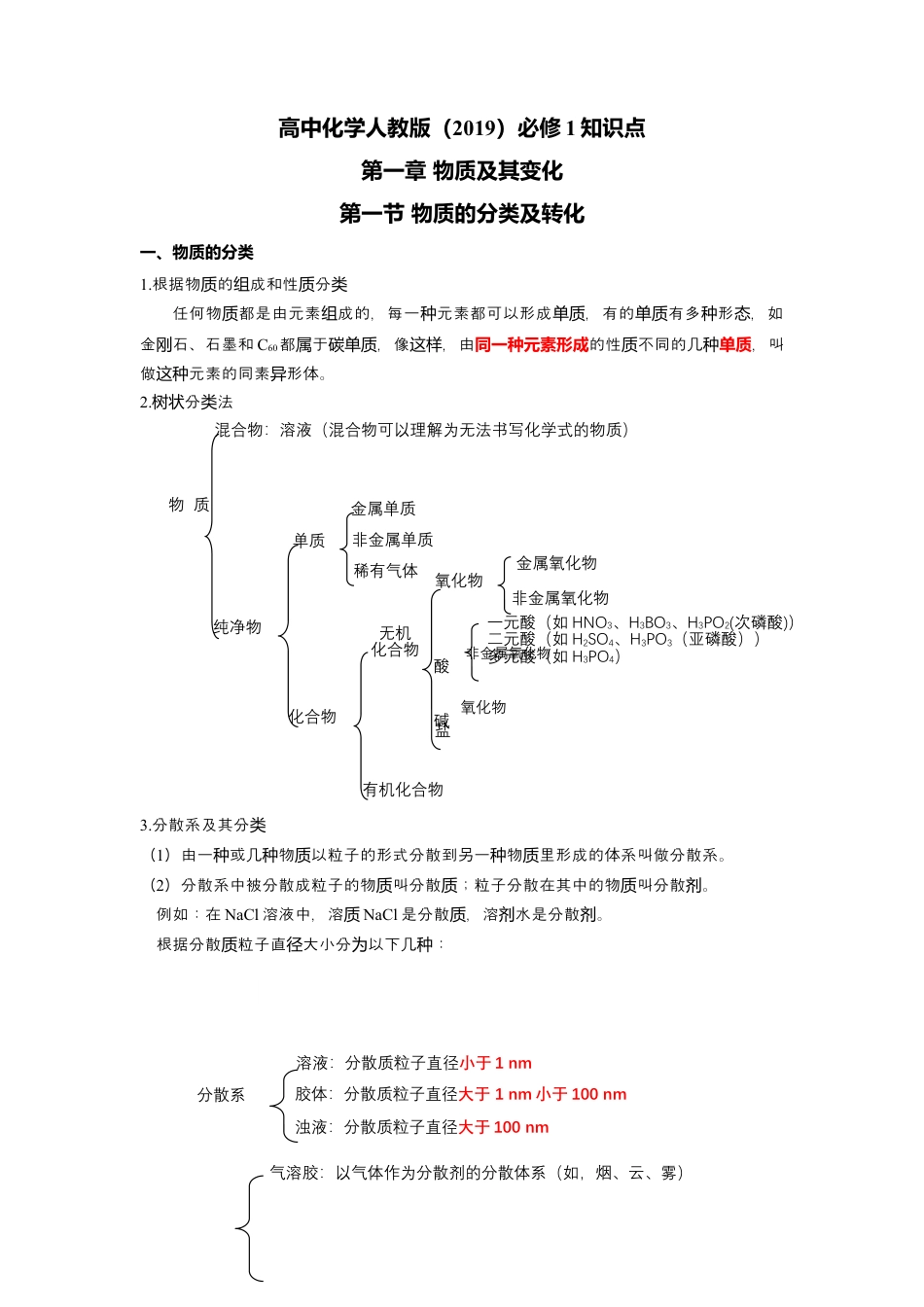 高中化学必修1 高一上学期化学人教版（2019）必修第一册 课本知识点汇总.docx