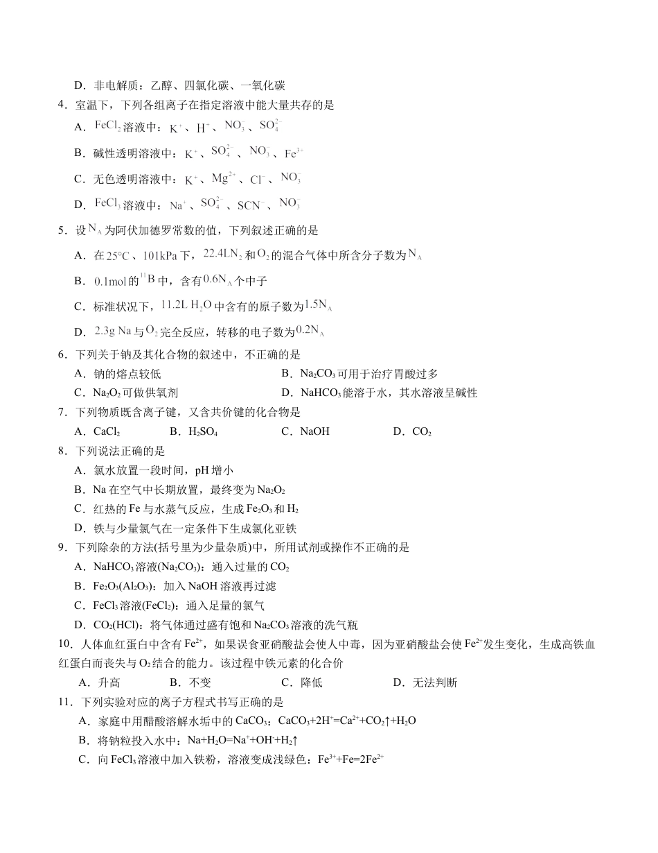 高中化学必修1 高一化学期末模拟卷01（考试版）【测试范围：人教版2019必修第一册全部】A4版.docx