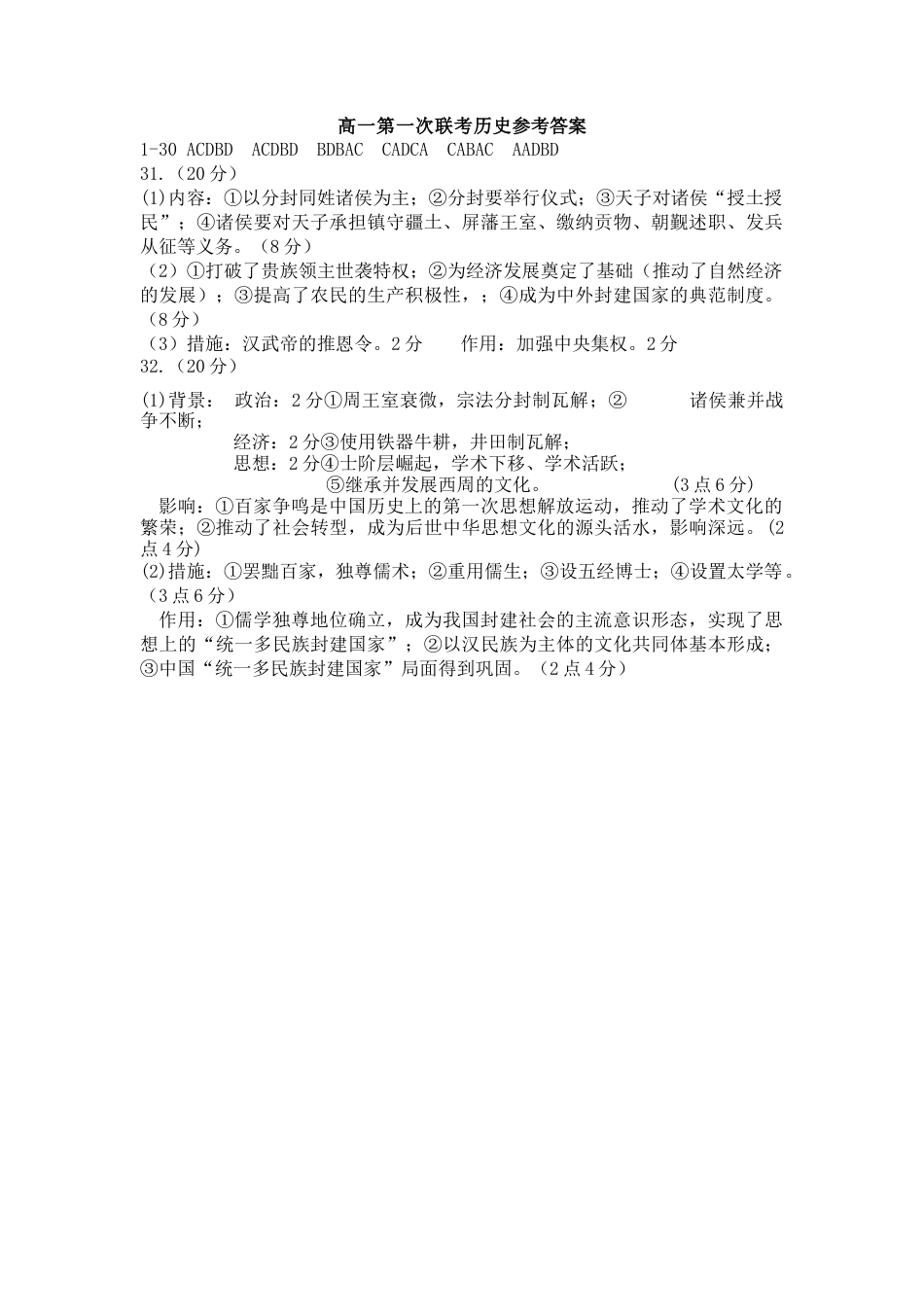 高中历史必修上 高一历史参考答案.doc