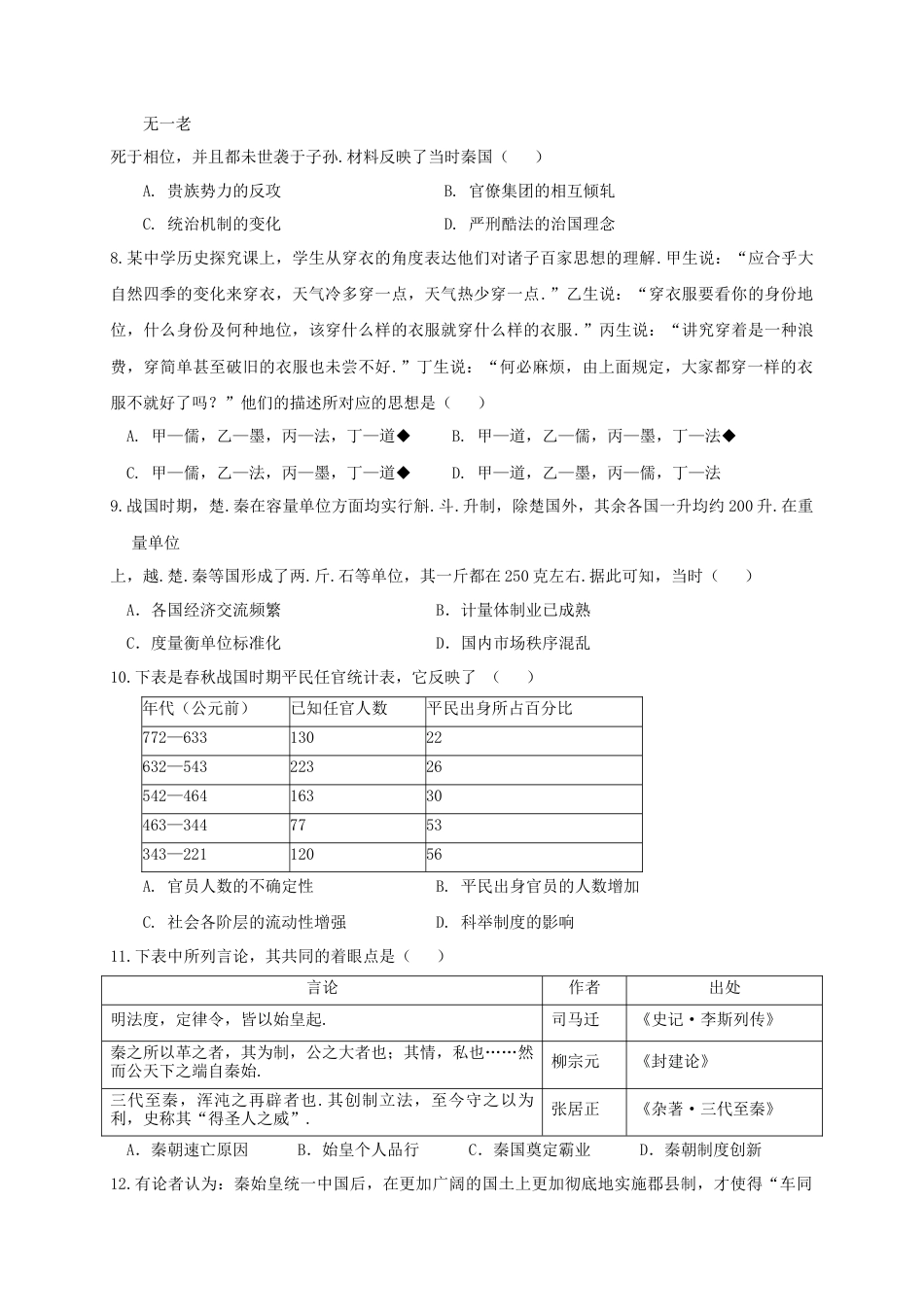 高中历史必修上 高一上学期第一次阶段考试历史试题 Word版含答案.doc