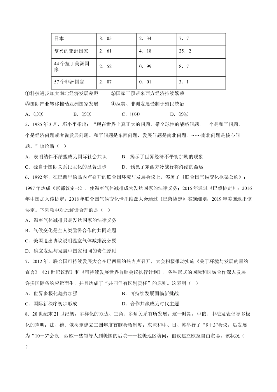 高中历史必修下  第九单元 当代世界发展的特点与主要趋势 单元测试卷（含答案解析）-2022-2023学年高一历史下学期 单元练（中外历史纲要下册）.docx