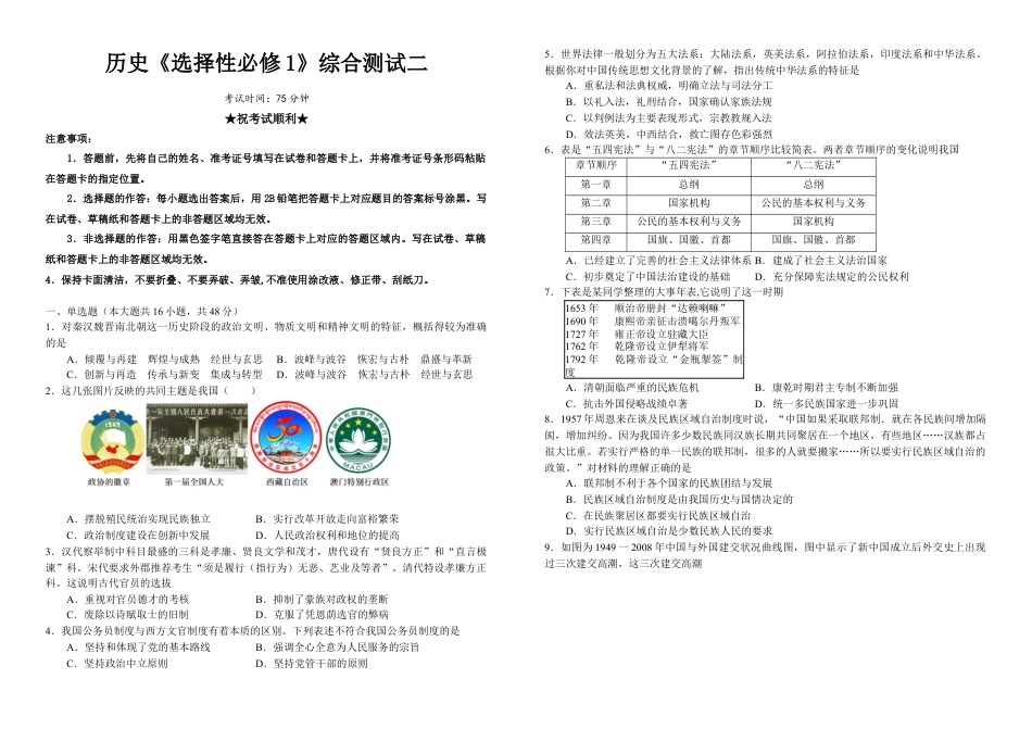 高中历史选修1 历史《选择性必修1》综合测试2原卷.docx