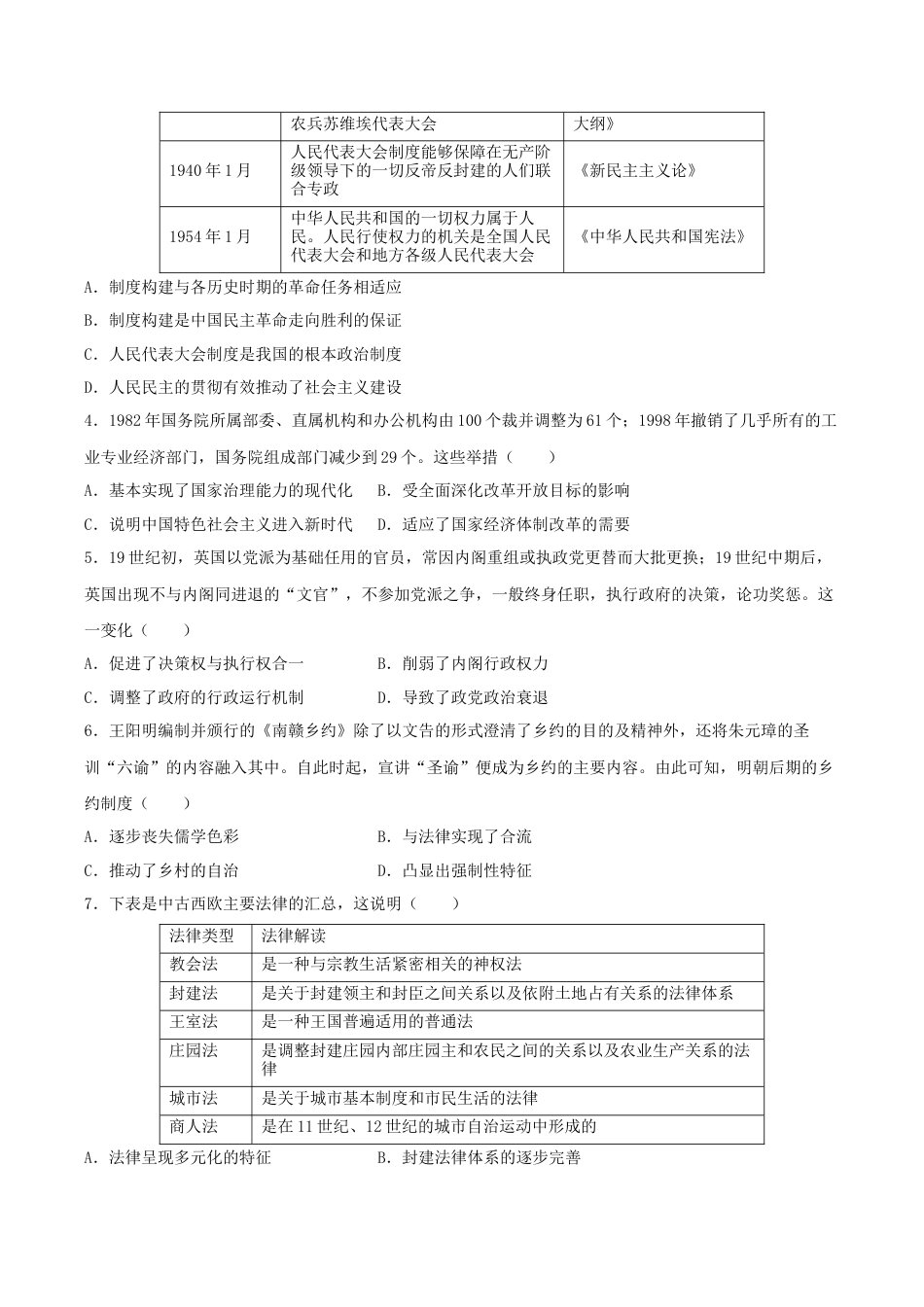 高中历史选修2 高二历史期末模拟卷01（考试版A4）【测试范围：选必1+选必2】.docx