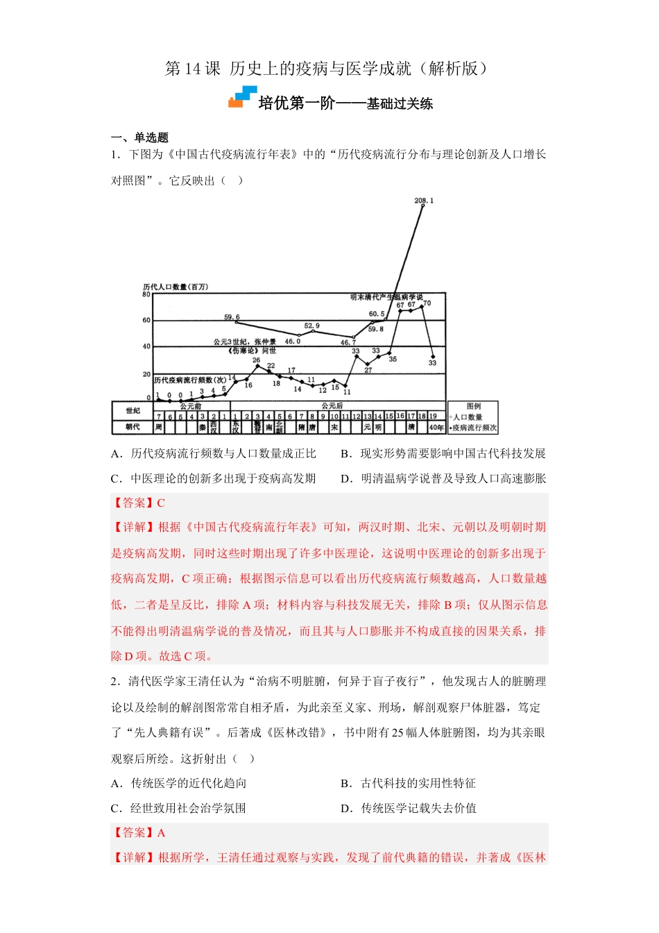 高中历史选修3 第14课 历史上的疫病与医学成就（解析版） .docx